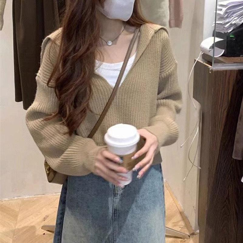 

WTEMPO Осень-зима однотонные свободные повседневные свитера для отдыха на открытом воздухе женские теплые трикотажные пуловеры с длинным рукавом и V-образным вырезом One Size хаки