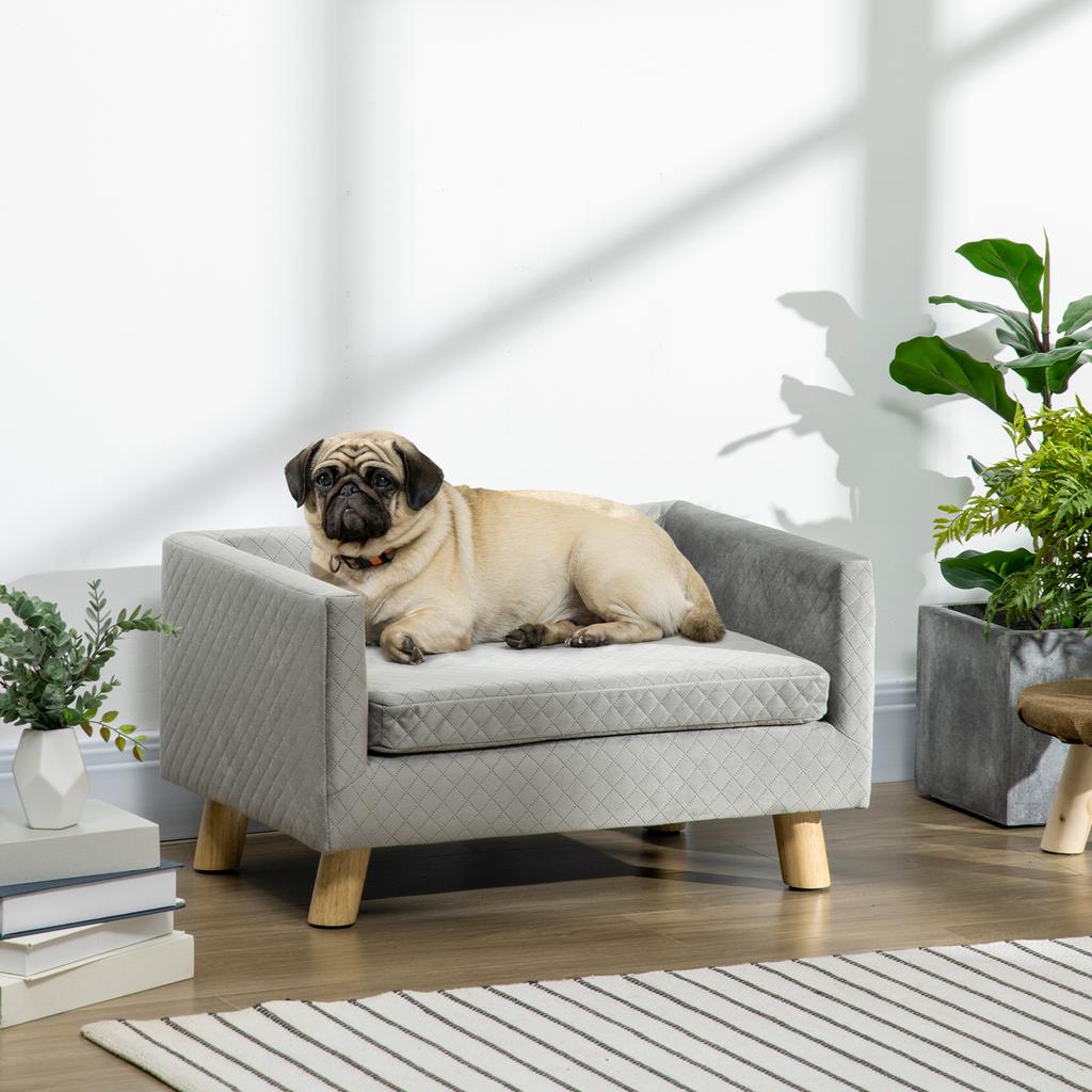 Scandinavian Style Dog and Cat Sofa with Upholstered Velvet and Wood Cushion, 64x45x36cm, Grey
