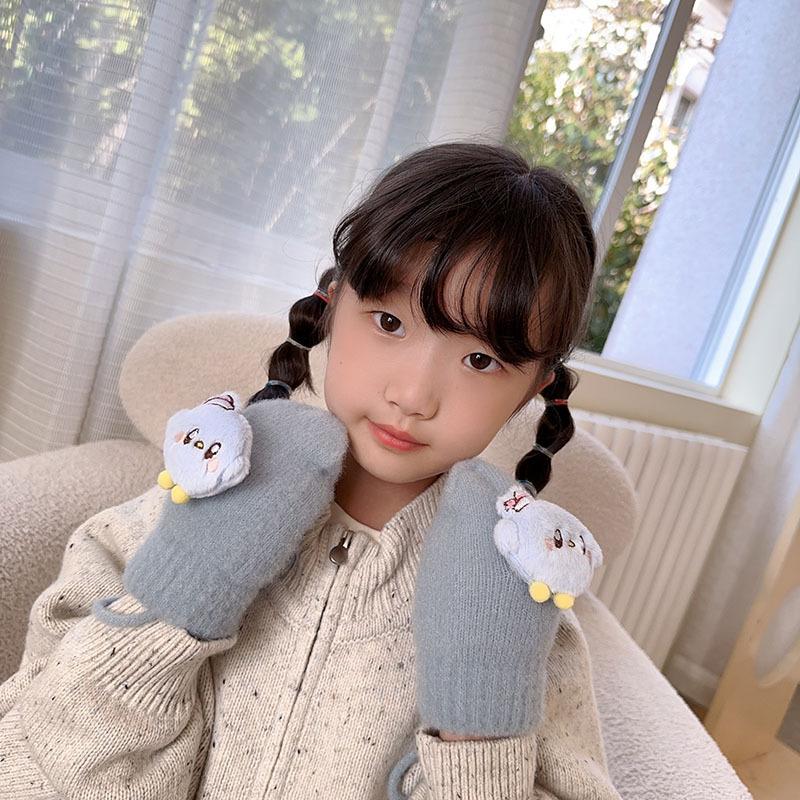 Children s Gloves Cartoon Cute Halter Neck Knitted Baby Gloves Cold proof and Warm Plus Velvet Thickened Gloves one size