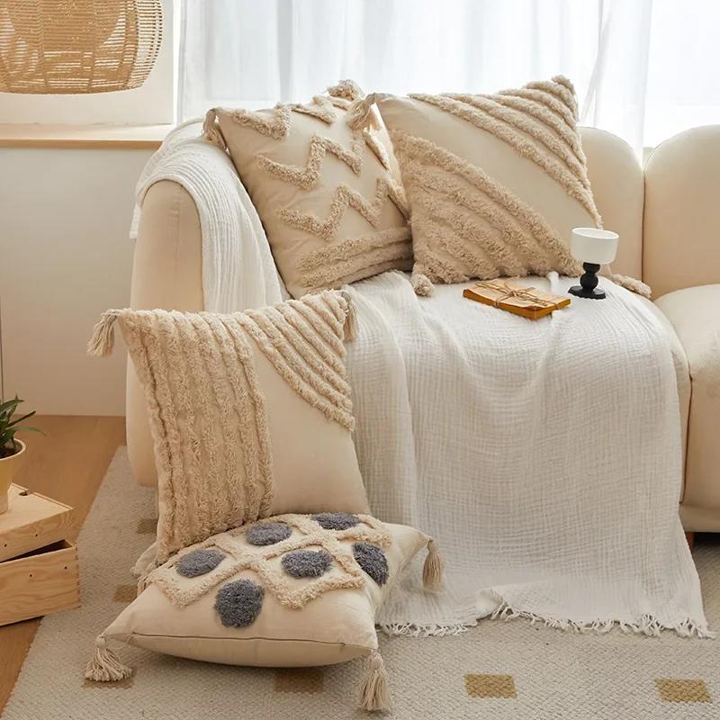 Boedia Quality Modern Throw Pillow Covers Tufted Tassel Bohemian Style Cushion Case Pillowcase Decoration for Home 45x45cm