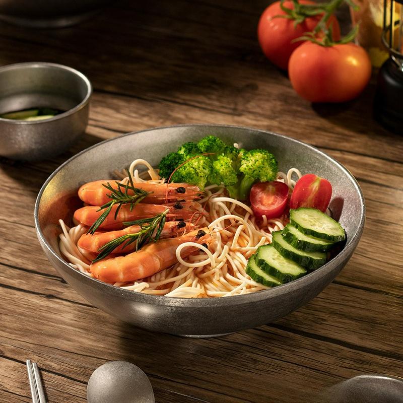 18-24cm Vintage Stainless Steel Ramen Bowl Snowflake Gray Tableware Rice Bowls Restaurant Household Kitchen Soup Bowl New
