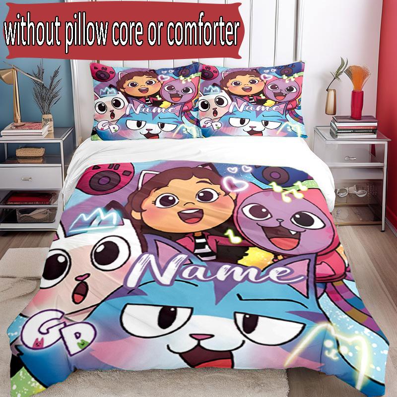 3pcs Duvet Cover Set (1*Duvet Cover + 2*Pillowcase, Without Core), Custom Name Gabby's Dollhouse Pattern Bedding Set, Home Bedroom Decor Gift