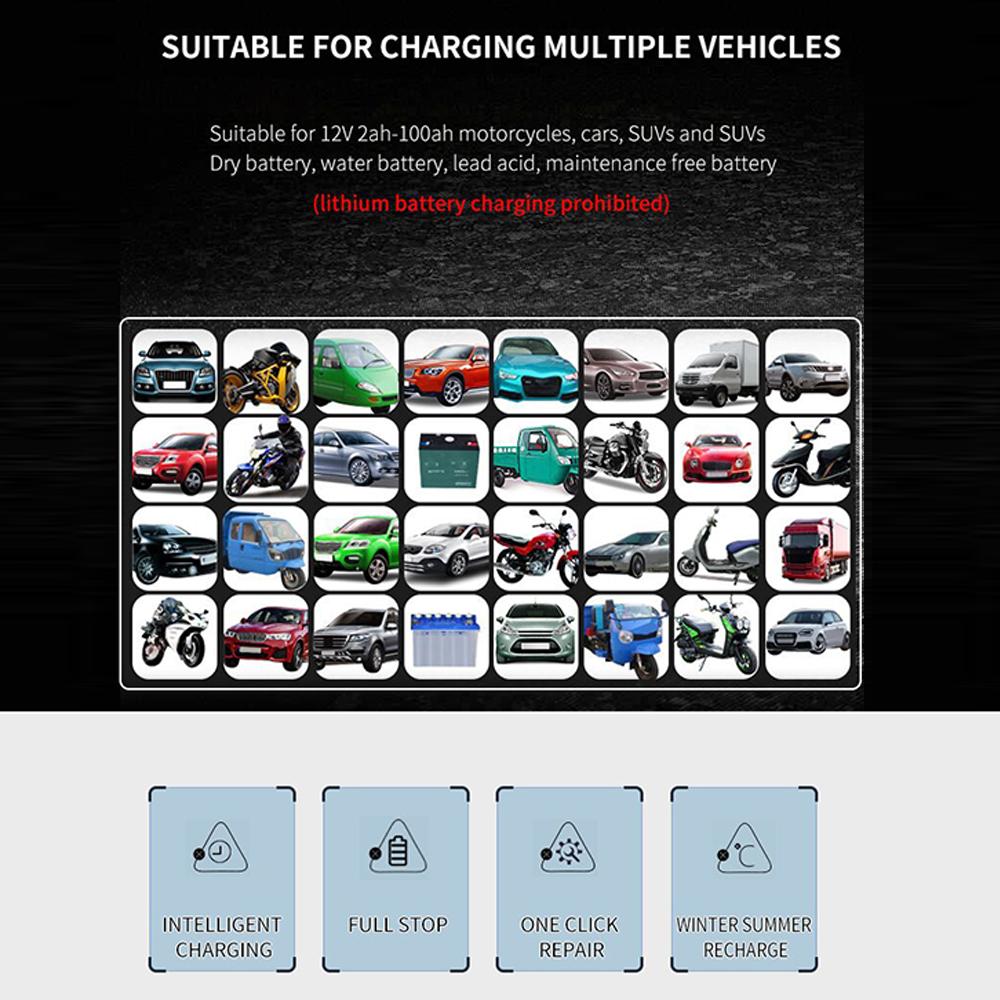12V 6A Plně automatická nabíječka autobaterií 110V až 220V Rychlá výkonová pulzní opravná nabíjení pro mokré suché olověné kyseliny s digitálním LCD displejem