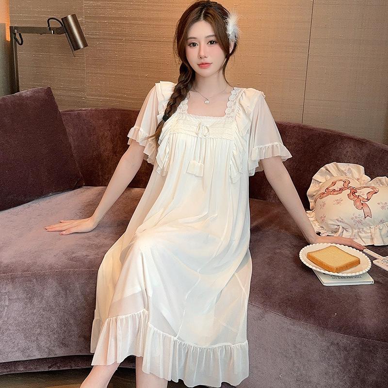 Linglei Summer Solid Color Lace Bow Mesh Court Princess Style Long Nightdress Pajamas Loungewear Women