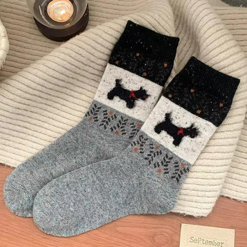 

1 Pair Socks Color-Block Puppy Warm Slouch Socks Fair Isle-Patterned Cute Mid-Calf-Length Plush Soft Vintage Thickened светло-серый