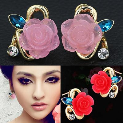 Women Cute Lady Rhinestone Resin Rose Flower Earrings