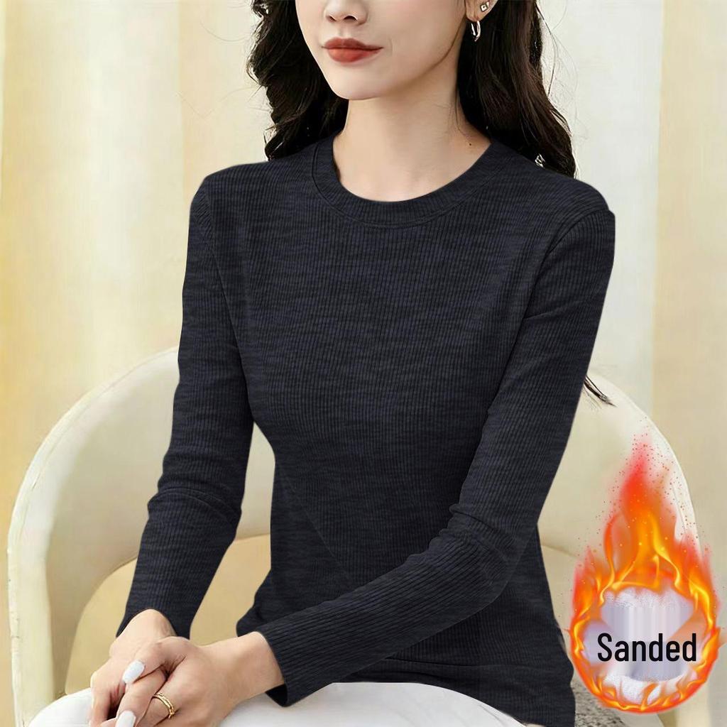 2026 Women's Fleece-Lined Slim Fit T-Shirt: Simple Round Neck Base Layer for Spring, Autumn, Winter