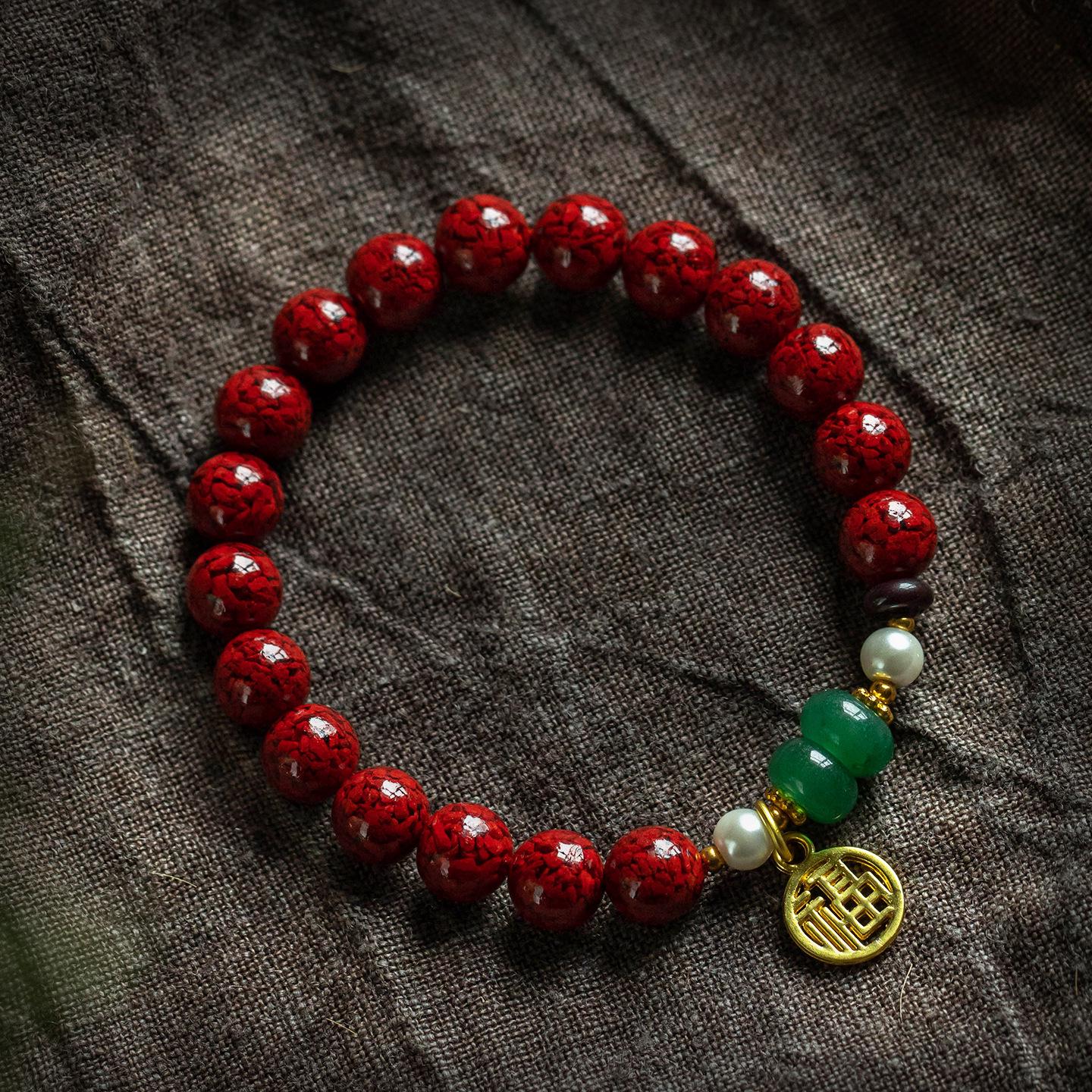 Genuine Cinnabar Bracelet for Women, Year of the Horse, Retro Style with Wealth-Attracting Crystal, Sand Pearl Beads. Bead Diameter 6mm