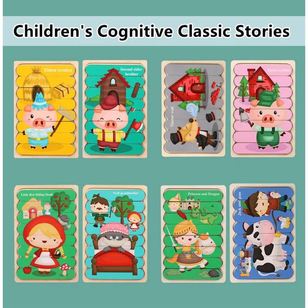 Kids New Wooden Two-sided Strip 3D Puzzles Wood Vehicle Fruit Jigsaw Puzzle Toy for Children Baby Learning Educational Toys Gift