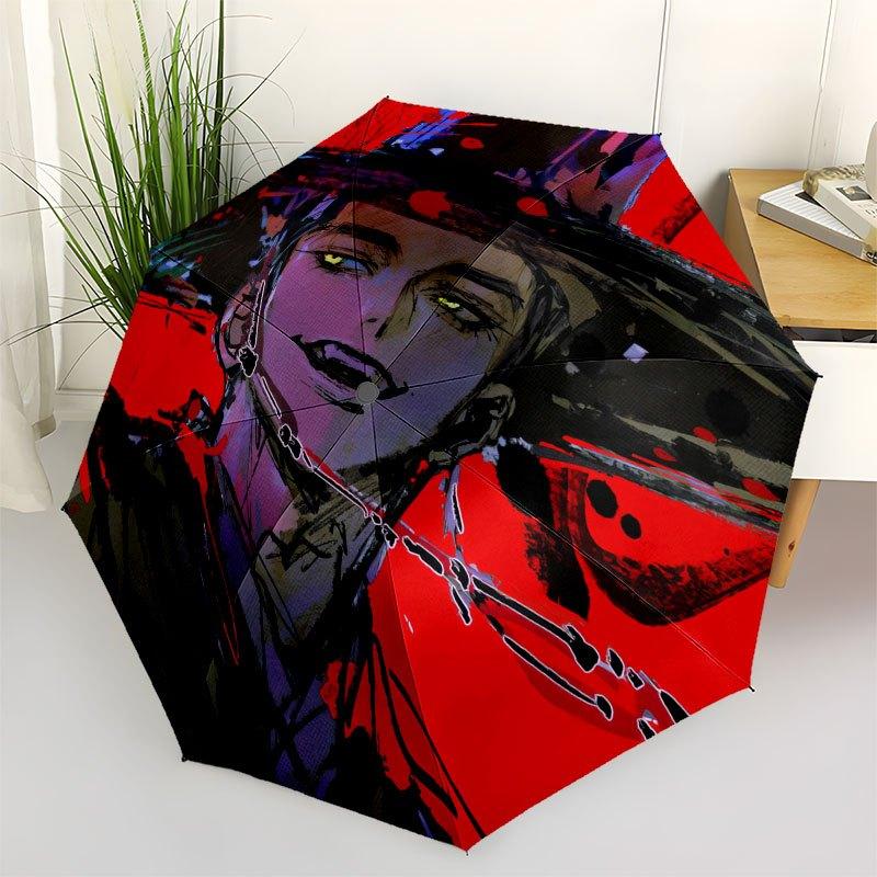 Abstract Art Print-Red Background with Black and White Abstract DesignUmbrella with Cute Design,Portable 3-Fold Compact Umbrella for Men&Wom