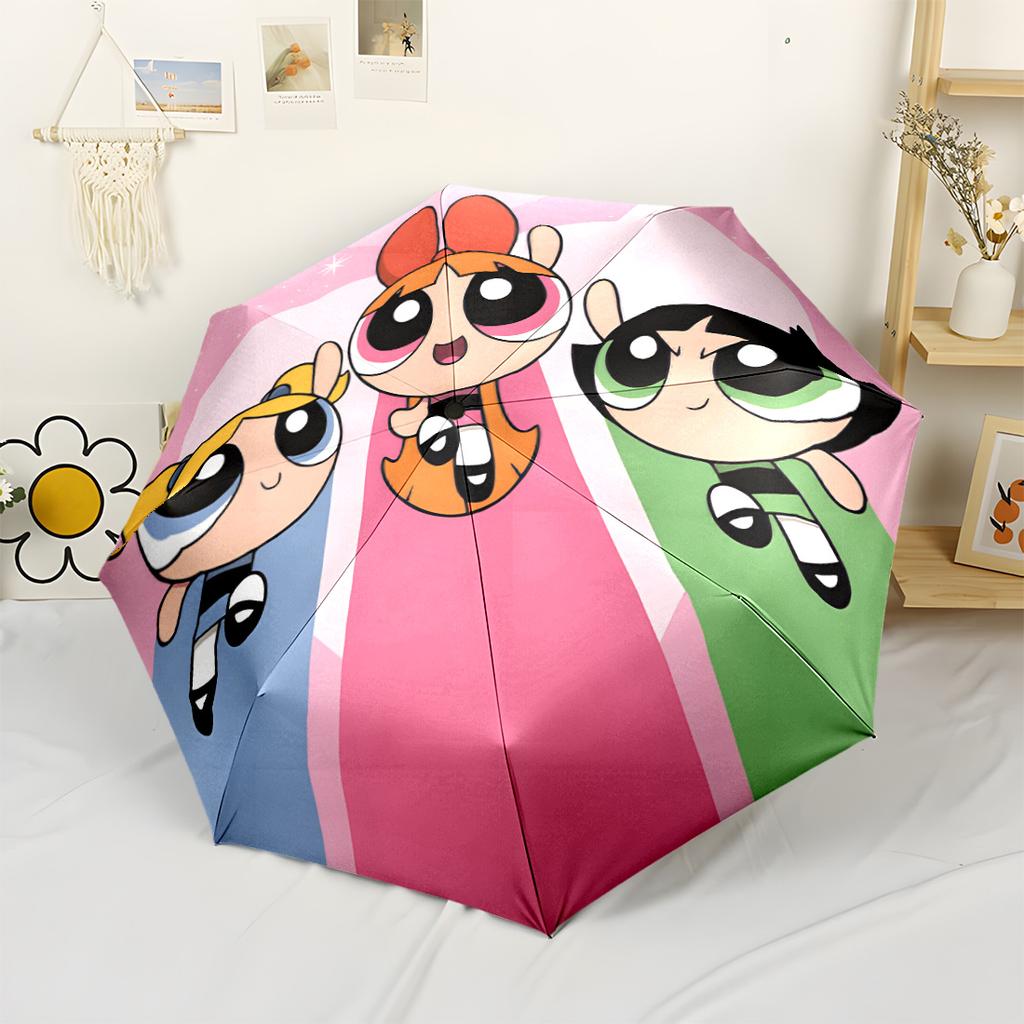 Powerpuff Girls Adventure Compact Travel Automatic Umbrella Compact 8-Rib Design Sturdy Construction All-Season Travel Vibrant Pattern Umbrella