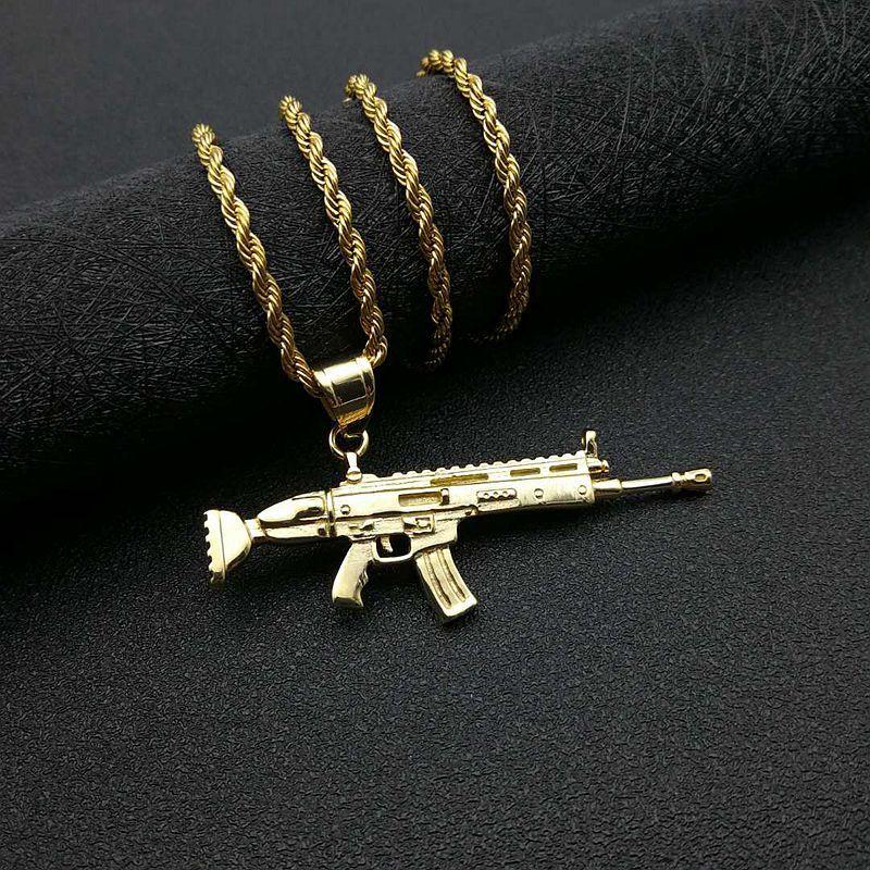 

Punk Style Hiphop Scar Rifle Pendant Chain Necklace Men Party Wearriing Golden Color Necklaces 60cm