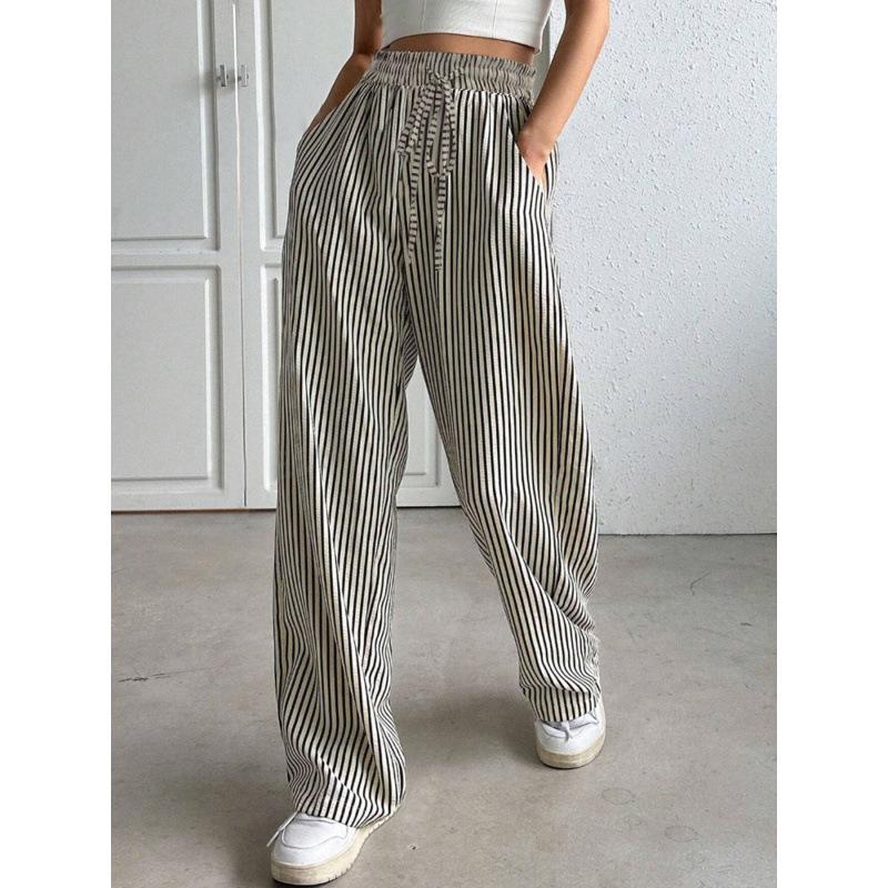 Women's Mid Rise Striped Wide Leg Pants Casual Loose Straight Leg Trousers