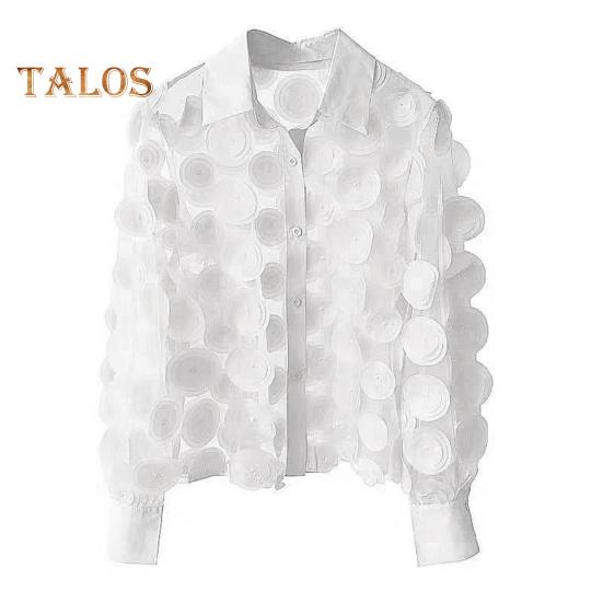 Women Summer Chiffon Shirt Lapel Lantern Long Sleeve Shirt Tops 3D Floral Print Semi-Sheer Mesh Splicing Single Breasted Blouse