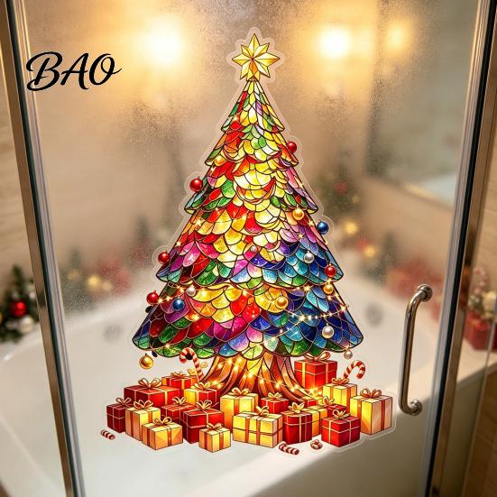 Removable Winter Window Decorations Stained Glass Style Christmas Tree Stickers, PVC Static Cling Decals for Party Supplies Holiday Home Decor,