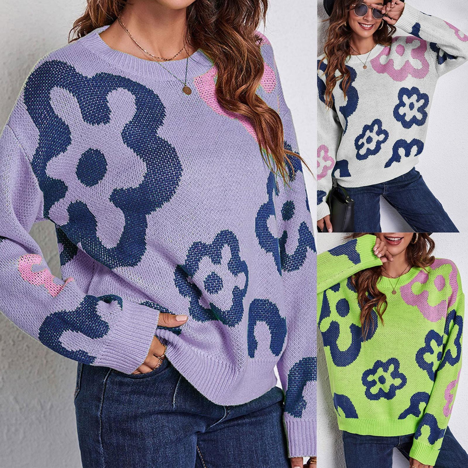 

Женский свитер с цветочным принтом, удобный свободный вязаный джемпер с длинными рукавами