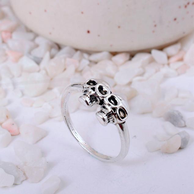 Double Skull Silver Plated Ring | Minimalist Gothic Biker Brass Jewelry | Unique Friendship or Couple Ring