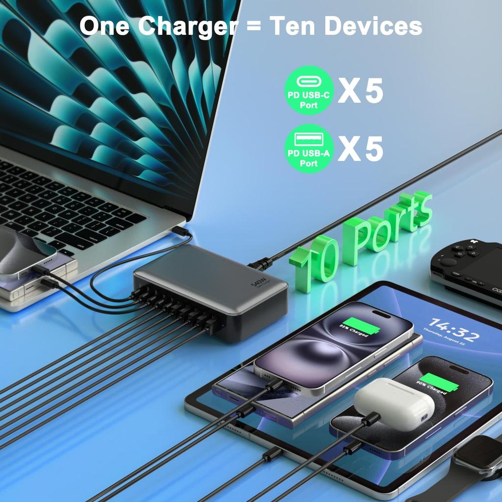 Caricabatterie Rapido Multi-Porta ad Alta Potenza 540W GaN Stazione di Ricarica Multipla per iPhone, per MacBook, per Samsung Ecc.