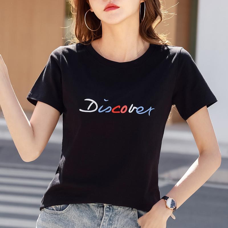 

Женская футболка с короткими рукавами, новинка 2024 года, лето 2024, корейский стиль, свободная женская нижняя рубашка с круглым вырезом и вышивкой букв M чёрный