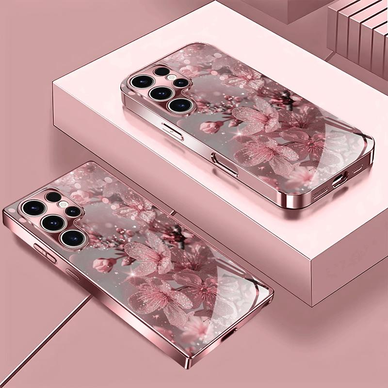 Pink Cherry Blossom Pattern Metallic Tempered Glass Phone Case For iPhone 17 Pro Max 11 12 13 14 15 16 Pro Plus 17 Air 17E Cover
