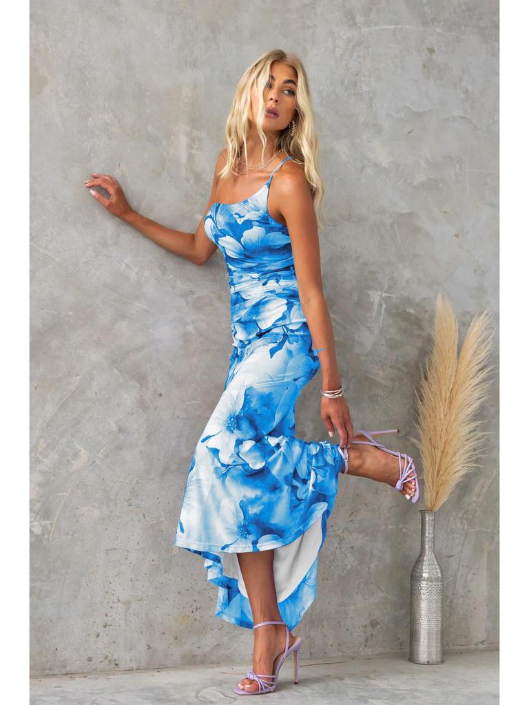 2025 Women's One-Shoulder Elastic Print Dress - European & American Spring/Summer Collection