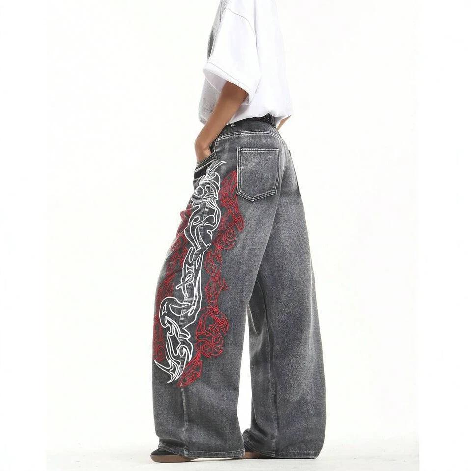 European and American Jeans Red and White Dragon Pattern Embroidery Design Sense High Waist Washed Loose Straight Mopping Jeans