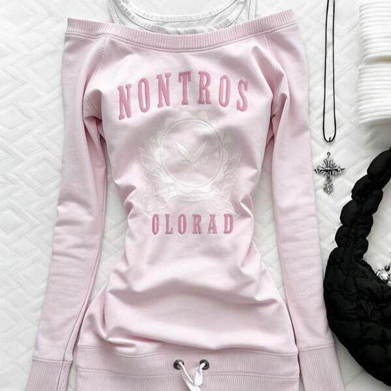 

Retro Pink Spicy Girl Style Fake Two-Piece Off-Shoulder Long-Sleeve Sweatshirt for Women, Autumn and Winter Drawstring Slim-Fit Waist-Cinching Top Pink English Letter One Shoulder Top S