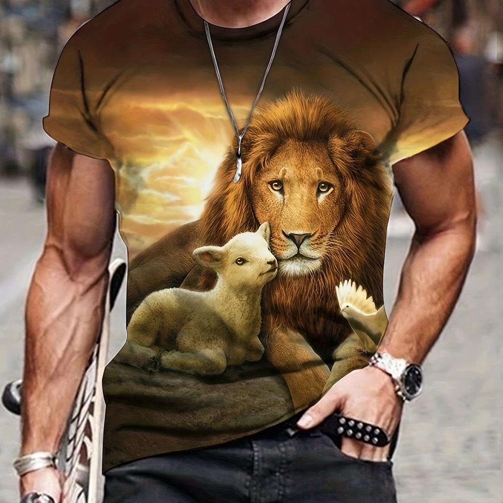 Men's Lion Lamb Peace Dove Print T-Shirt Sunset Wildlife Religious Symbol Crew Neck Casual Top