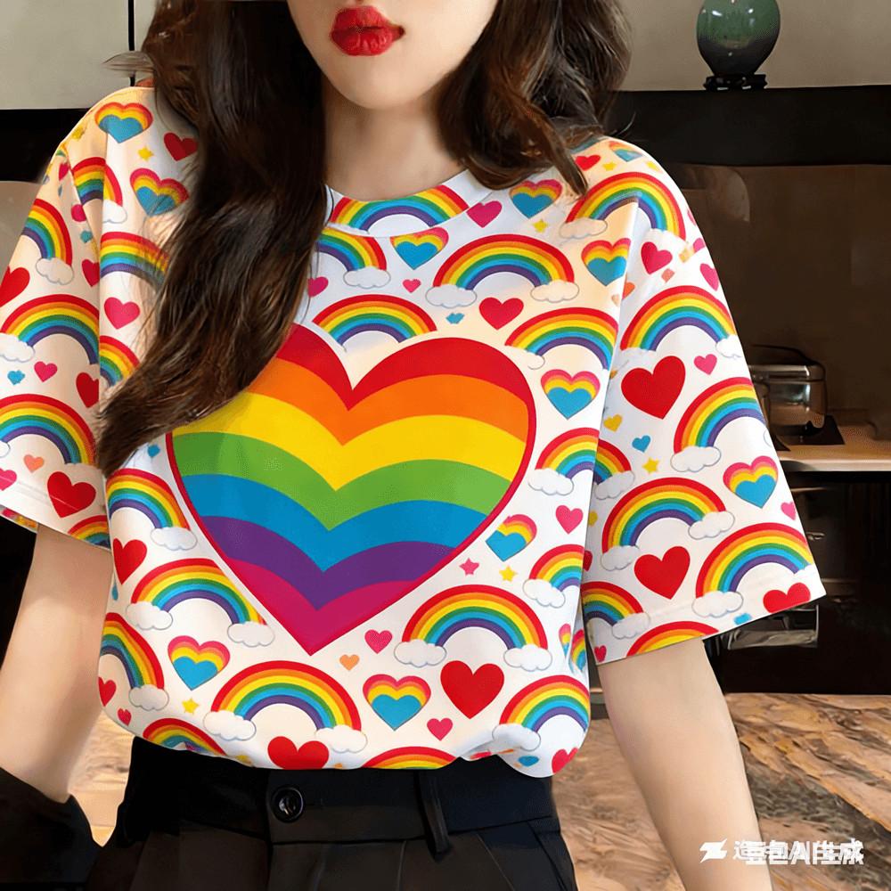 Printed flower and heart-shaped symbol casual women s T-shirt 2XS
