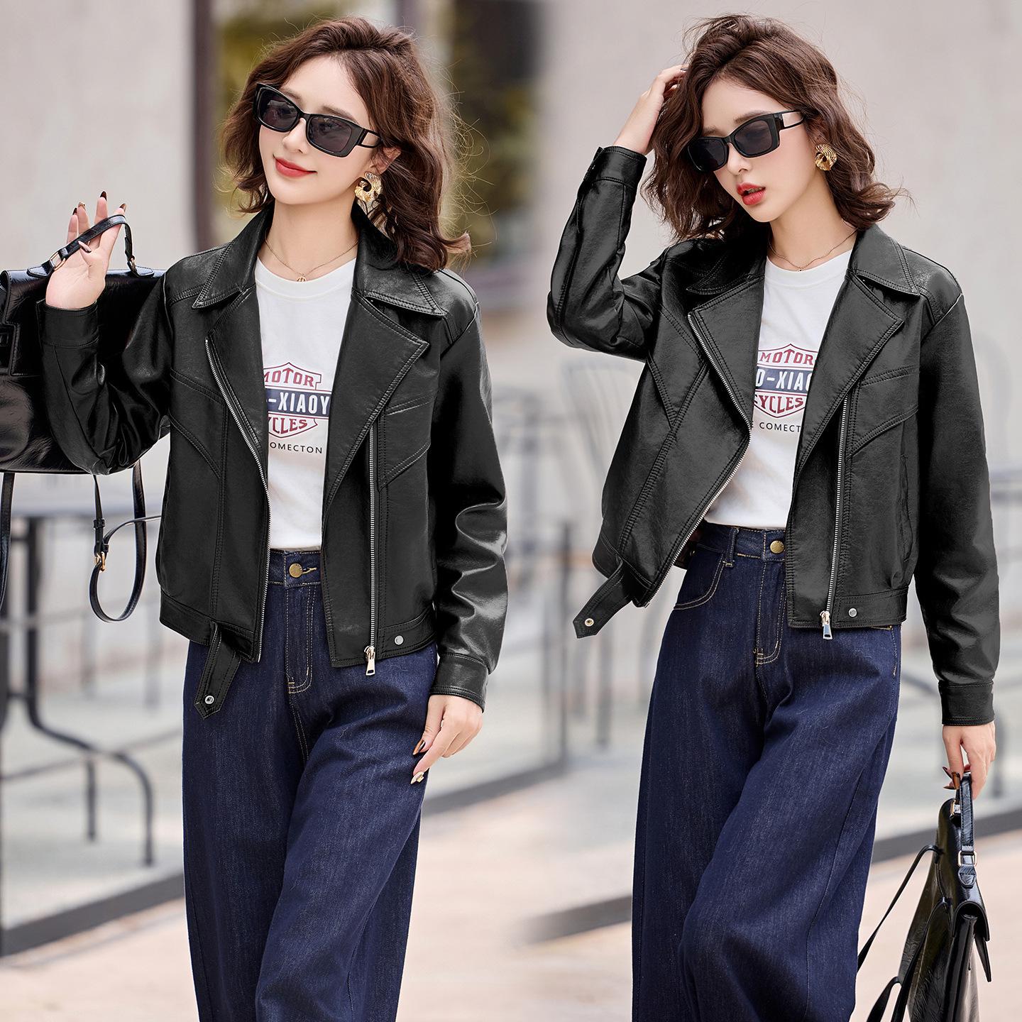 Женская мотоциклетная куртка из ретро овчины 2025 года - Короткий модный дизайн XXL чёрный