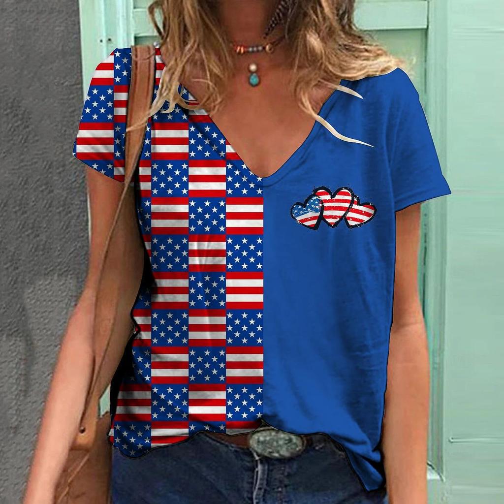 Sommer V-Ausschnitt 3D Amerikanische Flagge Bedrucktes Top Modische Lässige Kurzarm Damen T-Shirts