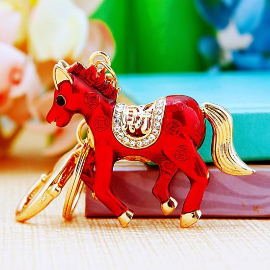 Keychain Pendant Double-Sided Rhinestone Chinese Zodiac Fortune-Attracting Horse Key Chain Metal Handbag Charm
