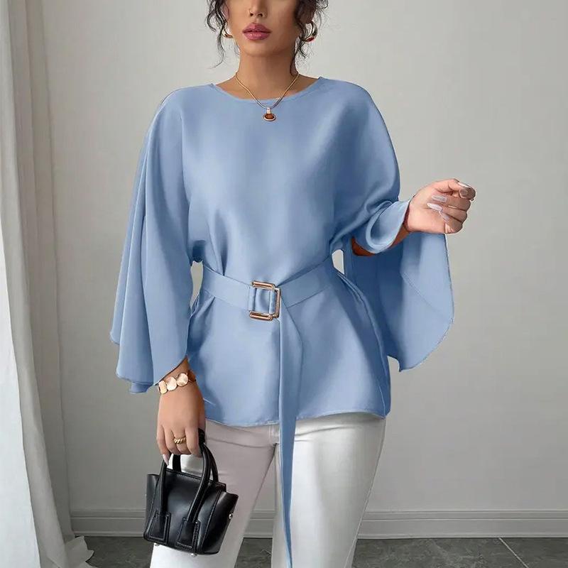 Spring Autumn Solid Belt Casual Loose Blouses Women's Blue Tops Elegant O-Neck Shirts Butterfly Sleeve Blouse Fashion Long Top