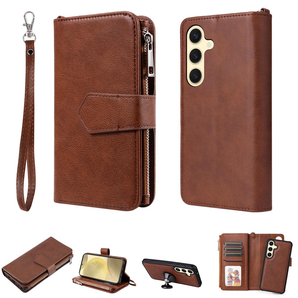 For Samsung Galaxy S25 Magnetic Leather Case Mobile Cover with Detachable Zipper Wallet Strap