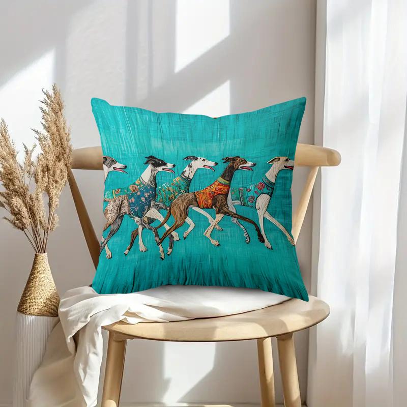 1Pc Cute Greyhound Running Art Print Pillow Cover, 2D Double-Sided Polyester Cushion Case, Colorful Boho Dog Room Decor, Perfect