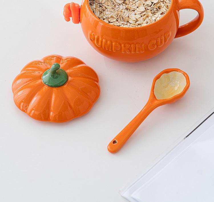 Adorable Pumpkin Ceramic Mug Set with Lid & Spoon for Students
