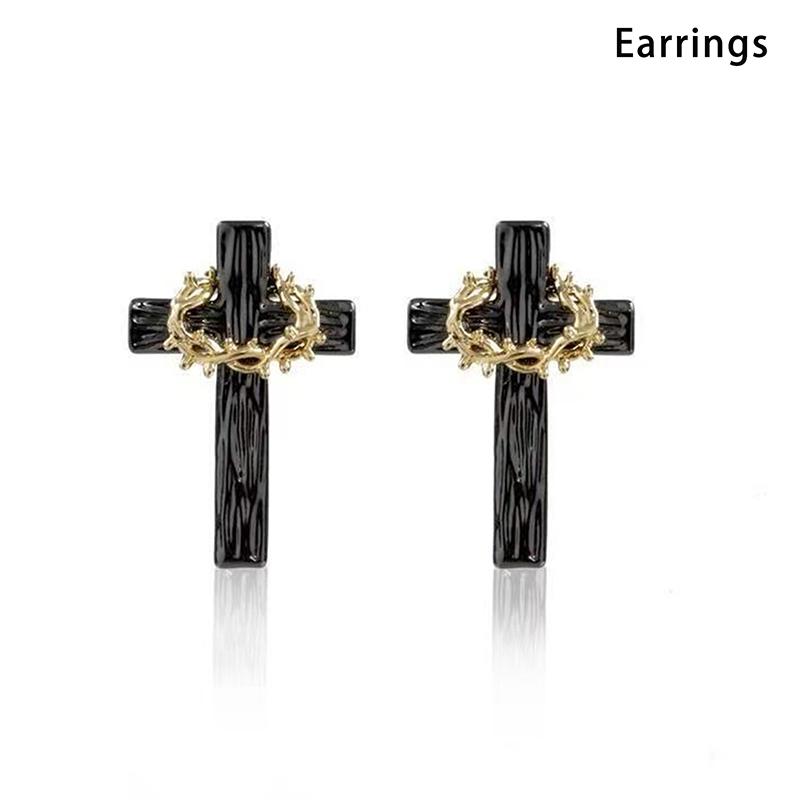 1Pc/Pair Hip Hop Thorns Cross Necklace For Women Men Personalized Cross Pendant Earrings Niche Sweater Chain Jewelry Gifts