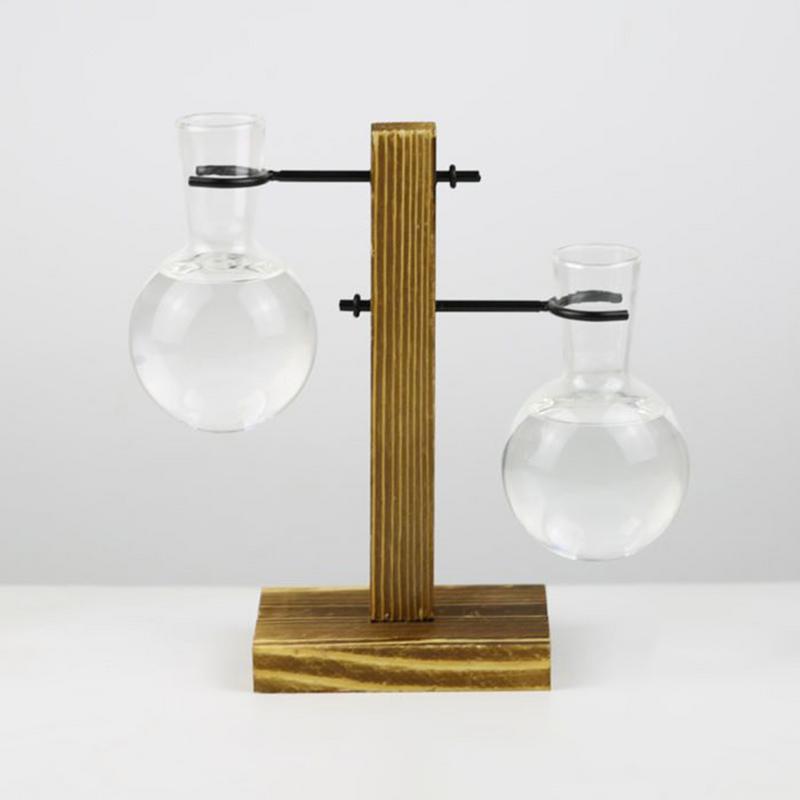 Glass Desktop Planter Bulb Vase Wooden Stand Hydroponic Plant Container Decor Living Room Office Plant Propagation Station