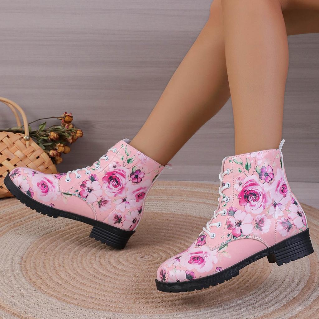 Women's Large Size Casual Ankle Boots Thick Low Heel Printed Women's Leather Boots Women Lace up Boots