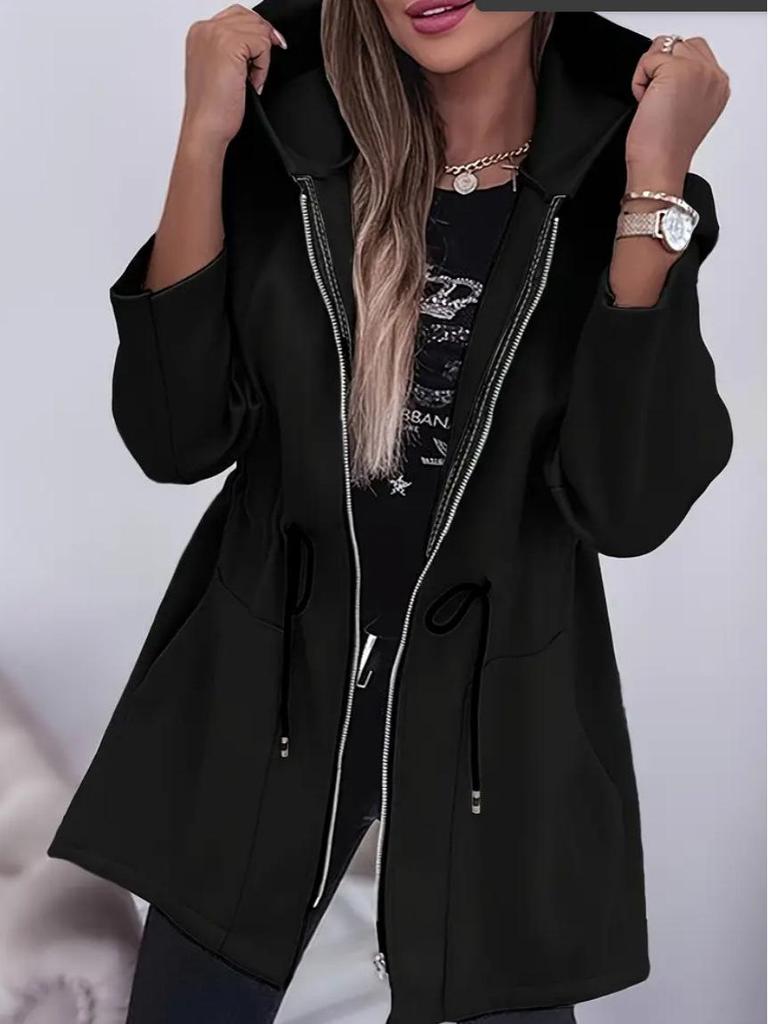 Europäische & Amerikanische Damenmode Reißverschluss Kapuzenjacke Mittellang mit Taillengürtel