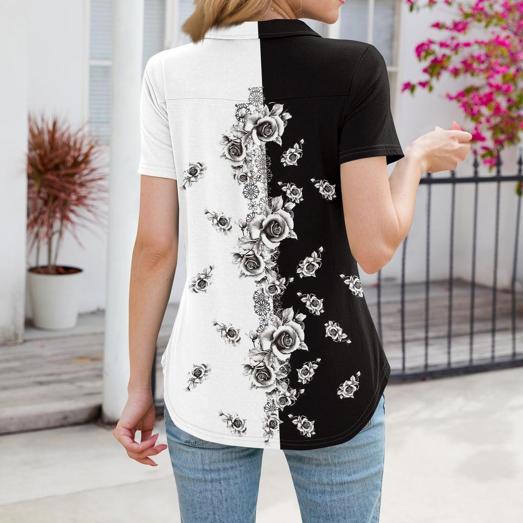 Damen Bluse Sommer Business Casual Arbeitstops Kurzarm Button-Down-Kragen V-Ausschnitt Bluse T-Shirt