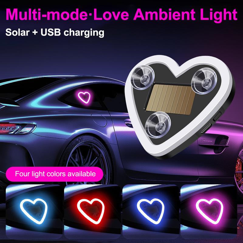 Car Led Window Decoration Heart Neon Light Suction Cup Fixed Luminous Heart Solar Ambient Neon Light Car Lights Accessories 1Pc