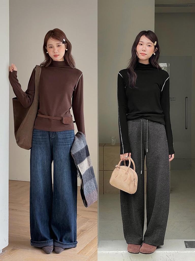 Retro Maillard Women's Korean Style Contrast Stitching Half-High Collar Base Shirt N862C