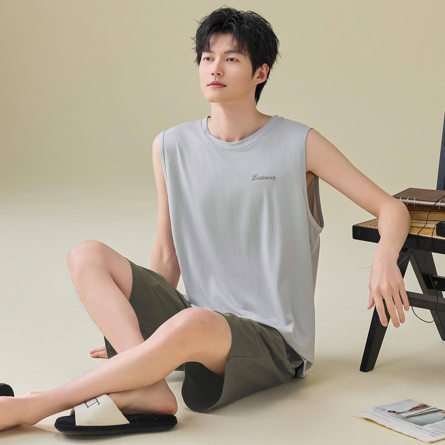 Modal Men s Summer Pajama Set: Thin Vest and Shorts, Casual Youth Style, Cotton-Silk Blend, Plus Sizes Available L