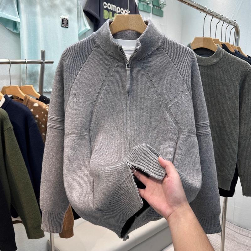 

Men s Black Knit Cardigan - Double Zipper, Half-High Collar, Trendy Autumn/Winter Sweater 2XL сірий колір