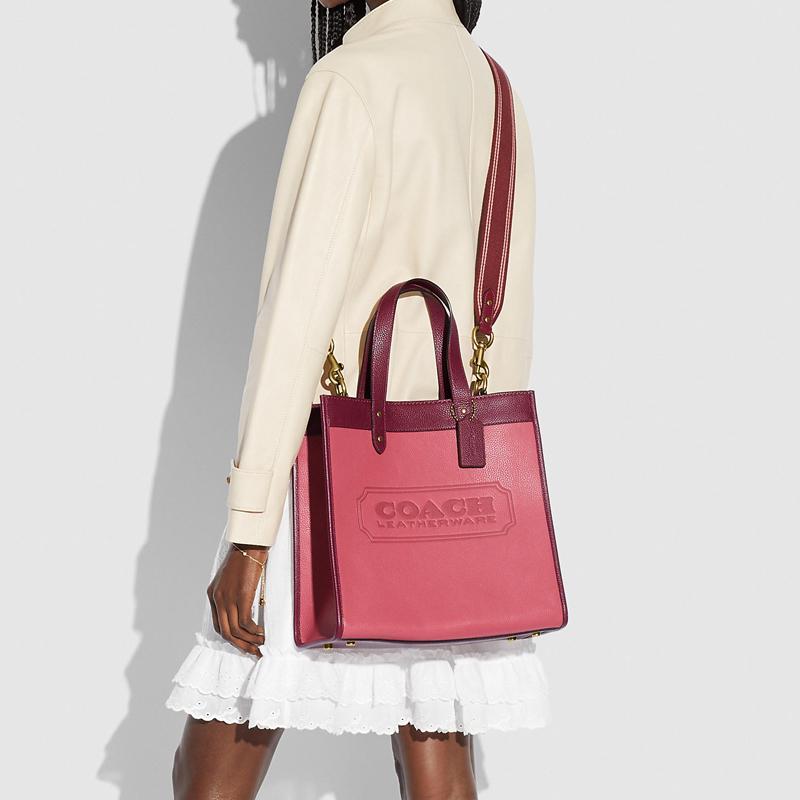 Coach Field 22 Vertical Badge Decorated Leather Tote Bag Women tote bags Strawberry Blush-Red C3461-B4AFF
