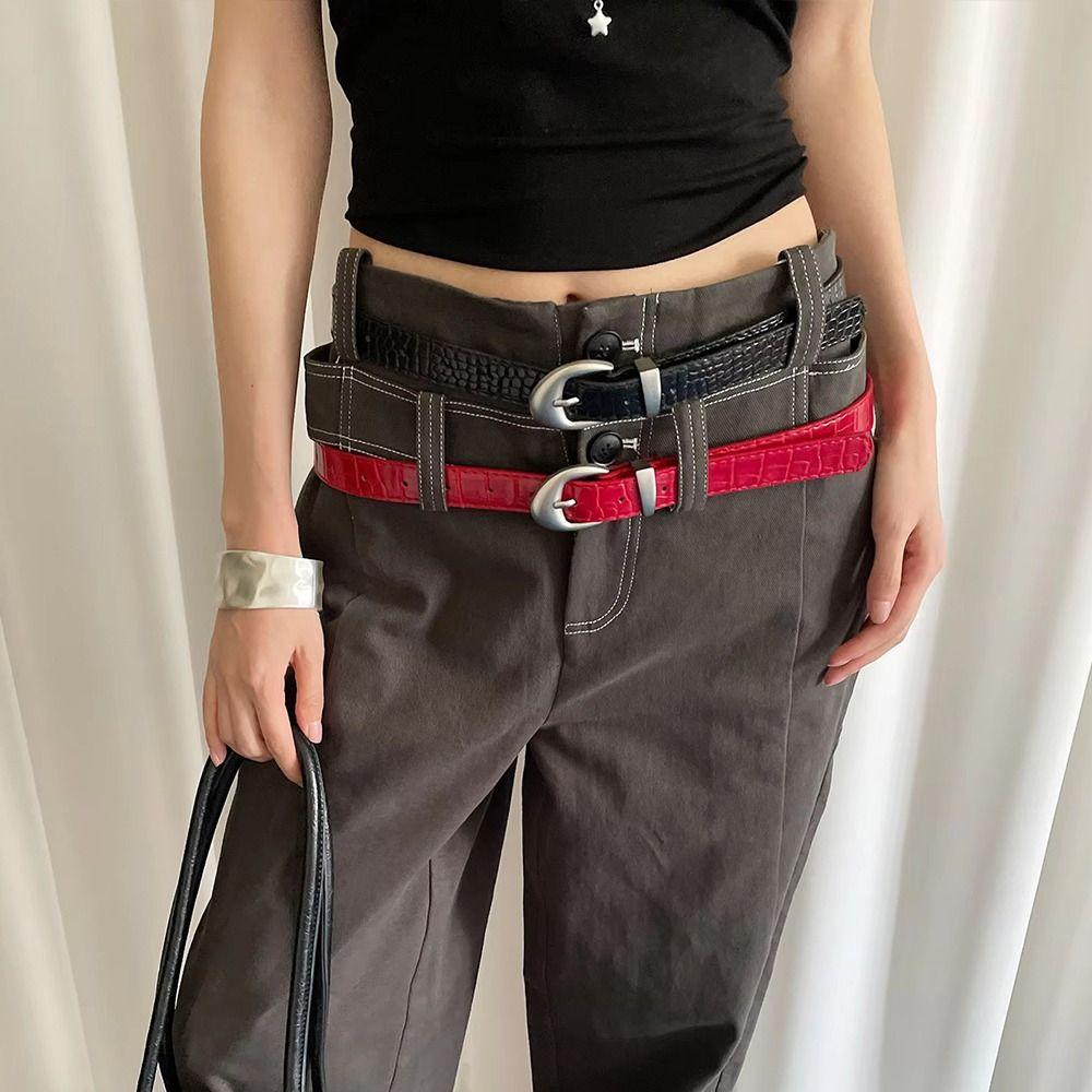 PU Leather Thin Waist Belt Crocodile Pattern Dress Jeans Belt Simple Women's Belt  For Ladies