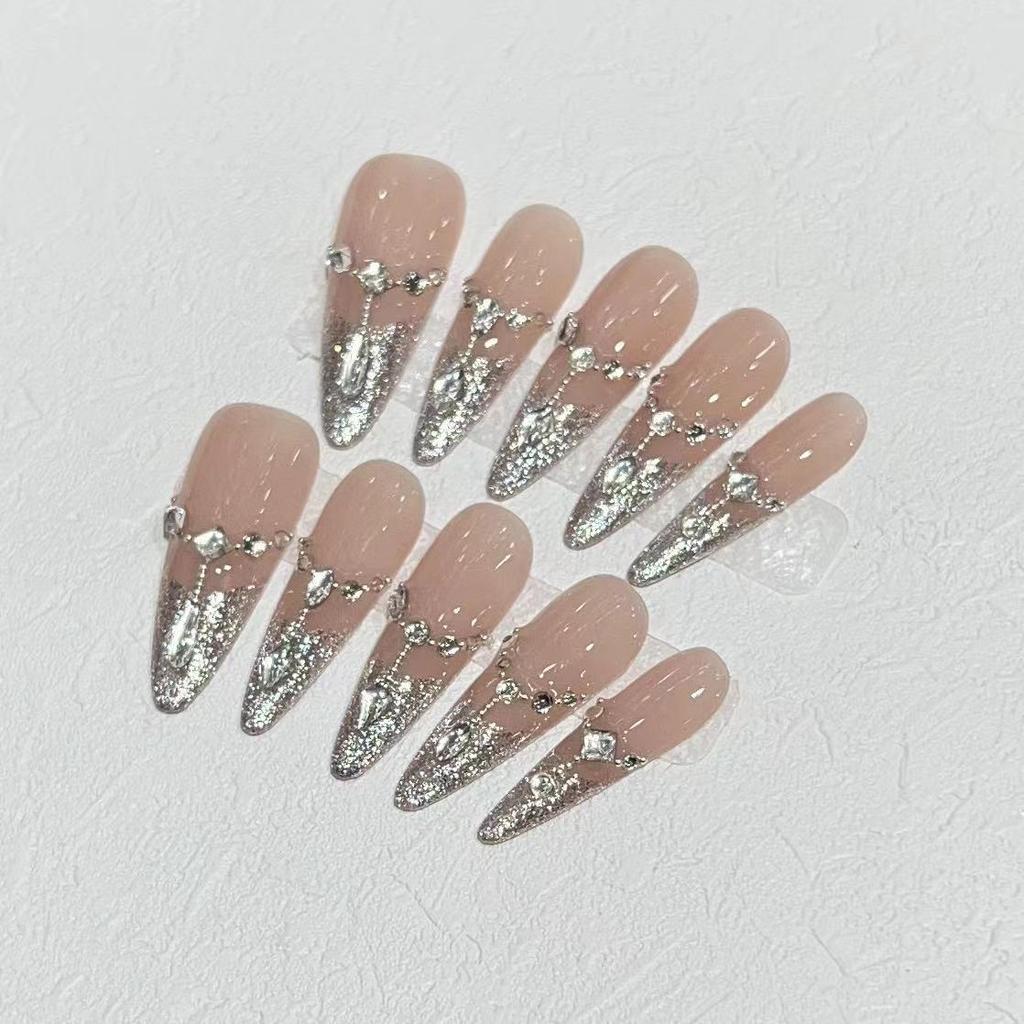 Pure Hand-wearing Nails with Gentle Temperament, Sequins, French Long Nails with Removable Nail Art Products