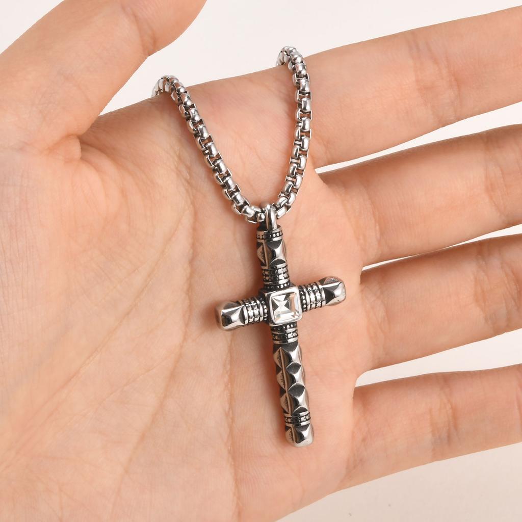Punk Mens Cross Pendant Necklace,Silver Color Plain Cross Pendant Collar with Stainless Steel Box Chain,Exquisite Male Gift