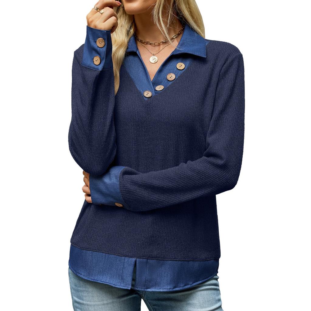 Women's Faux Two-Piece Denim Lapel Sweatshirt with Color Block and Button Front